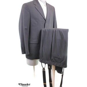 Slates 2 Piece Suit Mens wool Black Striped w/suspenders 40R Pleated 34" W